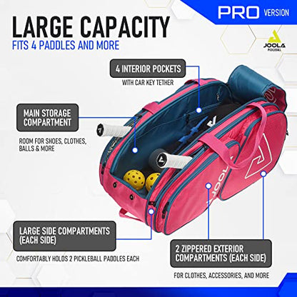JOOLA Tour Elite Pro Pickleball Bag – Backpack & Duffle Bag for Paddles & Pickleball Accessories – Thermal Insulated Pockets Hold 4+ Paddles - Includes Fence Hook - color: Hot Pink/Blue