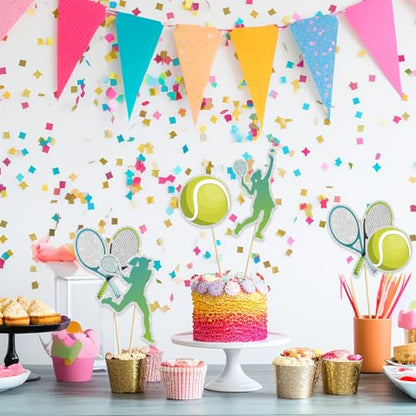 16 Pcs Tennis Collection Table Toppers - Tennis Theme Birthday Table Centerpieces Sticks,Tennis Racket Ball Player Sport Themed Bday Party Supplies - color: Green