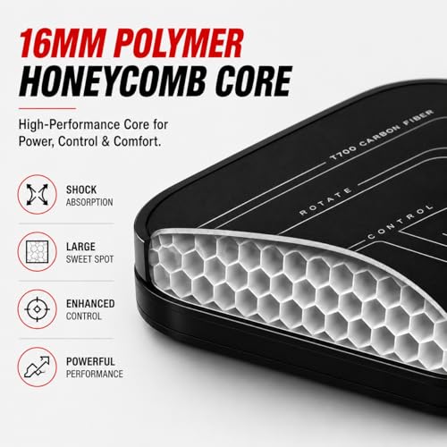 Pickleball Paddle, T700 Carbon Fiber Paddle with Textured Matte Surface, 16mm Polypropylene Honeycomb Core, Thermoformed for Spin & Control
