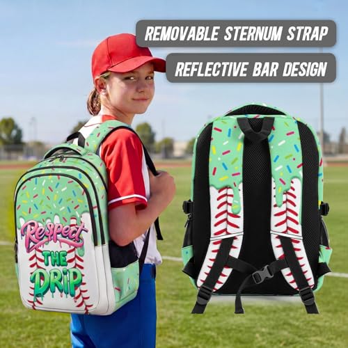 Backpack for School Baseball Drip Backpack for Boys Girls, Green Durable Aesthetic Bookbag for Club Home Camp Hiking Teams - color: Green