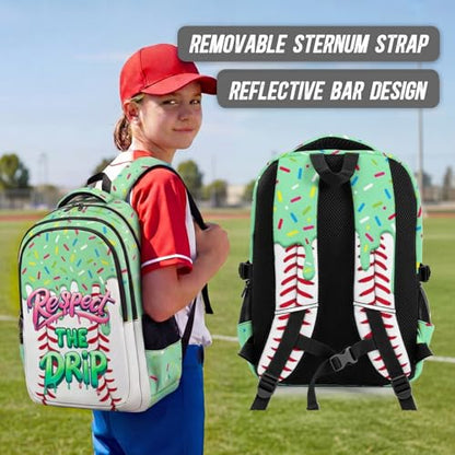 Backpack for School Baseball Drip Backpack for Boys Girls, Green Durable Aesthetic Bookbag for Club Home Camp Hiking Teams - color: Green
