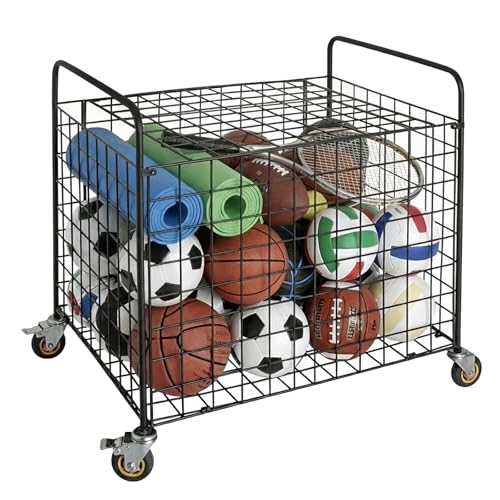 MyGift Professional Gym Metal Multi Sports Ball Storage Cart with Jumbo Industrial Wheels, Commercial Grade Portable Equipment Locker Cage for Basketball, Football, Soccer, Volleyball - color: Black