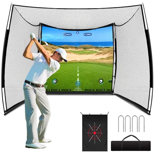 Golf Net, 11x8ft Golf Simulator Hitting Net with Impact Screen and Target Cloth, Heavy Duty Spacious Practice Cage for Drivingb bSwing, Home Backyard Garage Indoor Outdoor Use