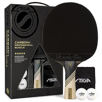 STIGA Carbon+ Bundle Ping Pong Paddle Set – 7-ply Extra Light Carbon Fiber Blade – 2mm Premium Sponge – Concave Pro Handle – 2 3-Star Tournament Balls – Neoprene Racket Cover – Player Wristband - color: Black Cover