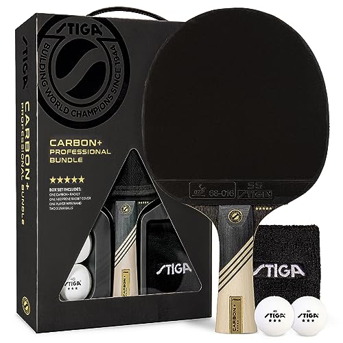 STIGA Carbon+ Bundle Ping Pong Paddle Set – 7-ply Extra Light Carbon Fiber Blade – 2mm Premium Sponge – Concave Pro Handle – 2 3-Star Tournament Balls – Neoprene Racket Cover – Player Wristband - color: Black Cover