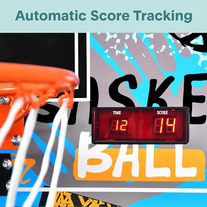 SereneLife Dual Shot Basketball Arcade Game with Electronic Scorer, 8 Game Modes, Indoor Outdoor 2 Player Basketball Shooting Game, Foldable Arcade Set with 5 Balls and Pump - style: Single Hoop