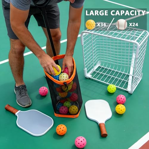 Tennis Ball Hopper, Holds 40+ Pickleballs or 50+ Tennis Balls, Lightweight Durable Steel Frame, Portable Adjustable Ball Picker（Excluding Ball） - color: Yellow