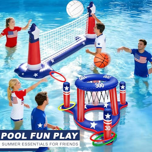 4th of July Pool Games Set, Volleyball Net & Basketball Hoop & Ring Toss, 250th Anniversary 3-in-1 Large Inflatable Water Sport Game Toys for Multi-Player Adults American Flag Swimming Summer Party