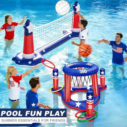 4th of July Pool Games Set, Volleyball Net & Basketball Hoop & Ring Toss, 250th Anniversary 3-in-1 Large Inflatable Water Sport Game Toys for Multi-Player Adults American Flag Swimming Summer Party