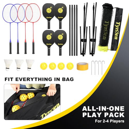 Portable Pickleball Badminton Net Set, 17FT Adjustable Heights All-in-One Net w/4 Pickleball Paddles 4 Badminton Rackets, Freestanding Pickleball Badminton Net for Backyard Driveway - style: Black Pickleball Paddles