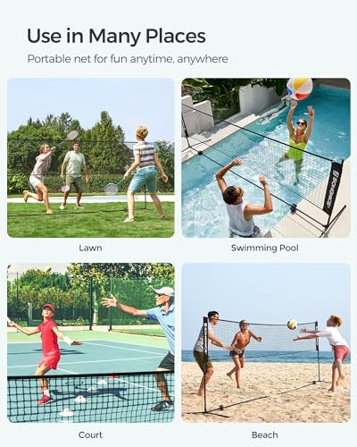 SONGMICS Badminton Net, Height Adjustable Volleyball Net, Pickleball Net for Junior Tennis, Kids, Indoor Outdoor Court, Foldable Nylon Net with Poles 10ft/13ft/16.5ft Wide