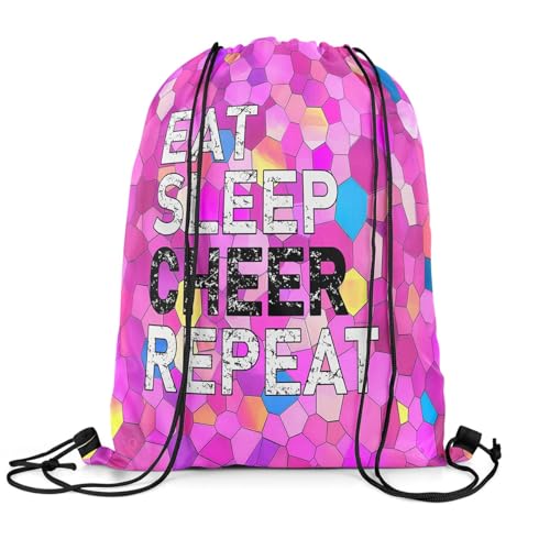 Castle Fairy Eat Sleep Cheer Repeat Drawstring Backpack 13"X16" Diamond Water Resistant Beach Bag Colorful Tie Dye String Bag for Gym Shopping Sport Yoga - color: Pink 1