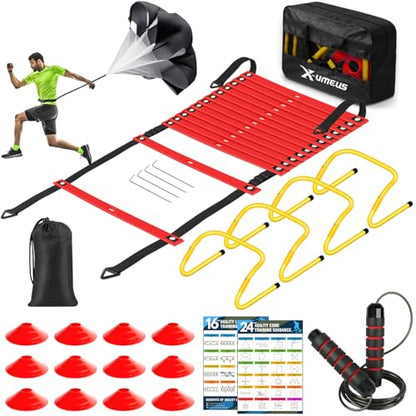 X-UMEUS Agility Ladder Speed Training Equipment Set-20ft Agility Ladder,12 Soccer Cones,4 Hurdles, Jump Rope, Running Parachute| Basketball Football Soccer Training Equipment for Kids Youth Adults - color: Red