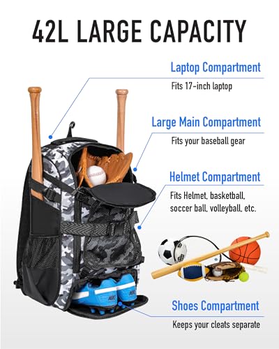 Large Baseball Backpack for Adult Youth 42L Softball Bat Bag with Detachable Adjustable Helmet Mesh Pocket Fit Basketball Soccer Volleyball Baseball Equipment Bag for Men Women 12+ Boys Girls - color: Black White Camouflage