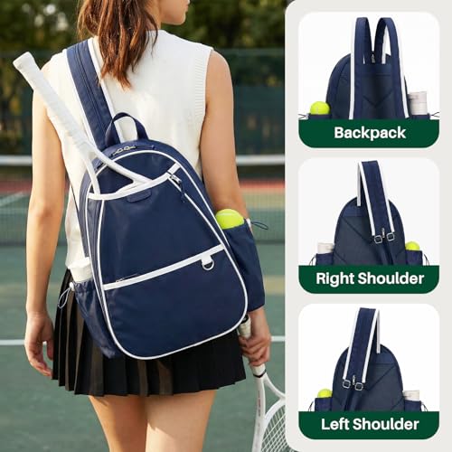 Tennis Bag for Women & Men Sling Crossbody Backpack 2-Racket Waterproof Pocket & Fence Hook Racket Bags Suitable for Pickleball Tennis Badminton - color: Navy