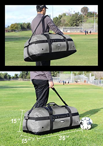 Fitdom 132L 36" Heavy Duty Extra Large Sports Gym Equipment Travel Duffel Bag W/Adjustable Shoulder & Compression Straps. Perfect for Soccer Baseball Basketball Hockey Football Team Coaches & More - color: Grey
