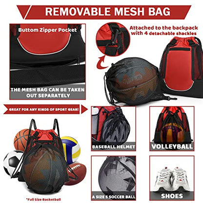 STAY GENT Drawstring Basketball Backpack for Boys, Foldable Soccer Backpack Gym Bag Sackpack Sports Sack with Detachable Ball Mesh Bag for Volleyball Baseball Yoga