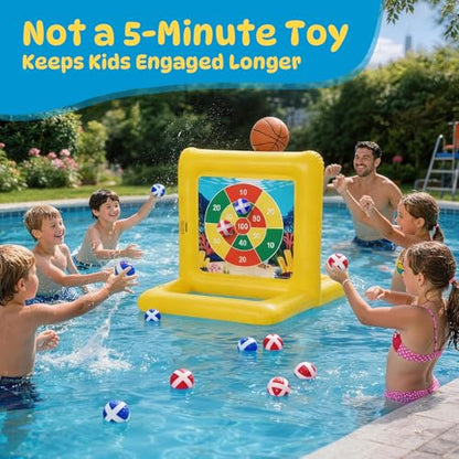 TicTac Shot Pool Toys Games for Kids & Adults, 2-in-1 Pool Basketball Hoop & Dart Target, Family Pool Party Games with Multiple Balls - Yellow