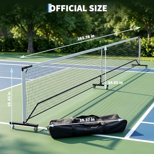 Portable Pickleball Net with Wheels, 22FT Regulation Size Pickle Ball Net, Heavy Duty PE Net with Carry Bag, Easy Setup for Driveway Backyard Outdoor Court