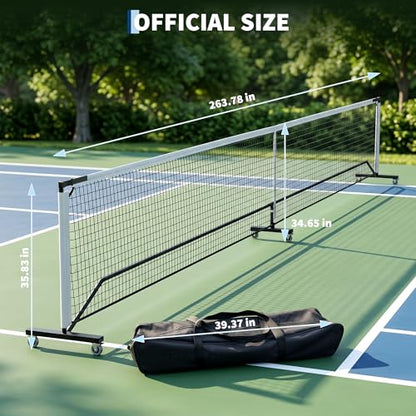 Portable Pickleball Net with Wheels, 22FT Regulation Size Pickle Ball Net, Heavy Duty PE Net with Carry Bag, Easy Setup for Driveway Backyard Outdoor Court