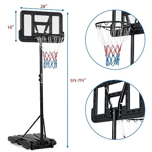 Kids Basketball Hoop, 5-7 ft Adjustable Height Portable Hoop with Wheels & Fillable Base - 28 Inch Shatterproof PC Backboard for Driveway, Backyard, Indoor & Outdoor Play