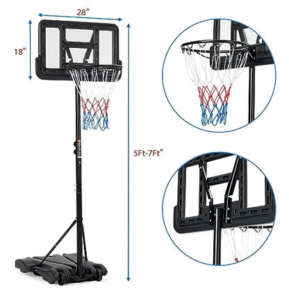 Kids Basketball Hoop, 5-7 ft Adjustable Height Portable Hoop with Wheels & Fillable Base - 28 Inch Shatterproof PC Backboard for Driveway, Backyard, Indoor & Outdoor Play