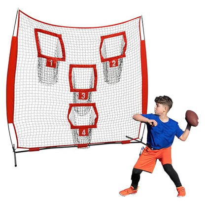 7x7ft Football Throwing Net with 4 Target Pockets – Football Training Net for Accuracy Improvement, Portable Quarterback Practice Equipment for Outdoor Use