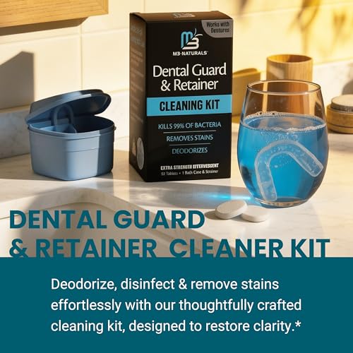 Retainer Cleaner and Soak Container, No-Mess Cleaning Tablets with Universal Denture Bath Case and Strainer, Multipurpose, for Mouth Guard Stains, Odor, and Plaque (92 Tablets + 1 Bath) by M3 - size: Dental Cleaning Kit (1 Count)
