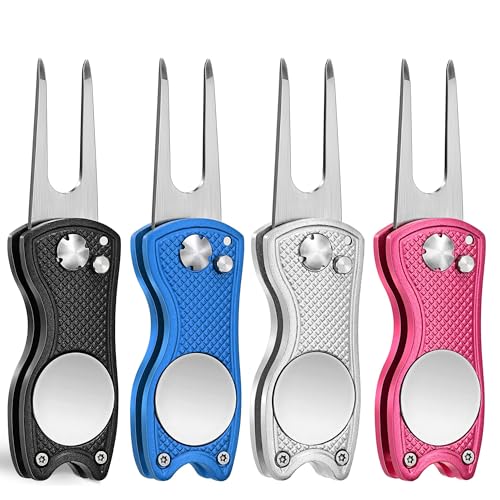 Mile High Life Golf Divot Repair Tool, All Metal Foldable Divot Tool with Pop-up Button & Magnetic Ball Marker, 2-6 Pack - color: F4-(Black/Sliver/Blue/Pink)