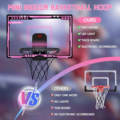 Indoor Basketball Hoop with Electronic Scoreboard and LED Light, Pink Over The Door Basketball Toy, for Kids Aged 4, 5, 6, 7, 8+Years Old
