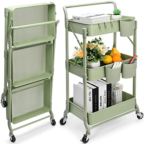 Foldable 3 Tier Rolling Cart, Metal Utility Cart, Folding Mobile Multi-Function Storage Trolley Organizer Cart for Home Library Office(Green) - color: Green