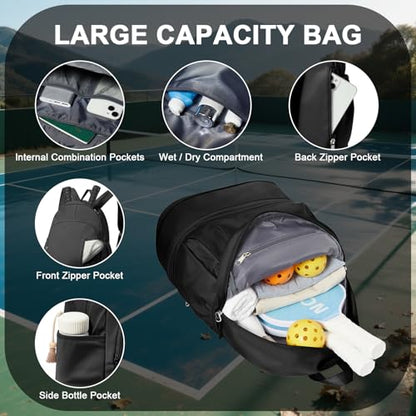 Pickleball Backpack for Women Men, Gym Back Pack with Shoe Compartment Pickleball Bag Fits 2 Pickle Ball Paddles