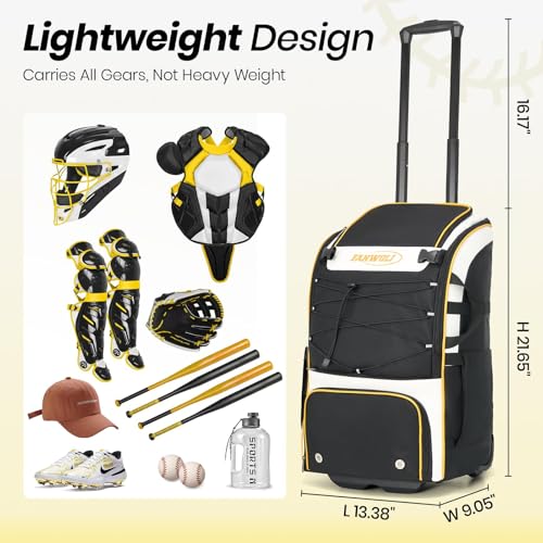 Leather Rolling Baseball Bag - Youth Softball Bag with Wheels for Boys Girls - Rain Cover & Mud Guard for Clean Car - Premium 4-Bat Tournament Roller - Large Equipment Organizer
