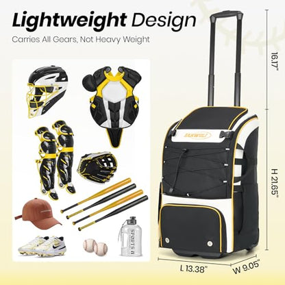 Leather Rolling Baseball Bag - Youth Softball Bag with Wheels for Boys Girls - Rain Cover & Mud Guard for Clean Car - Premium 4-Bat Tournament Roller - Large Equipment Organizer