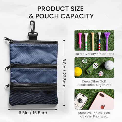 FINGER TEN Golf Pouch Bag for Valuables Tee Color with 4 Golf Pencil Pack, Zippered Pocket Gear Clip Hook to Bag - color: Blue Pouch Bag
