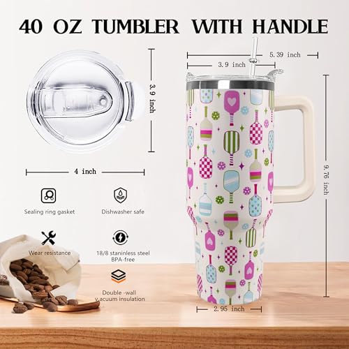 Ceovfoi 40 oz Pickleball Coffee Mug Vacuum Insulated Travel Tumbler with Handle, Lid & Straw - Perfect Pickleball Gifts for Players, Coaches, Lovers | Pickleball Accessories - color: Pickleball