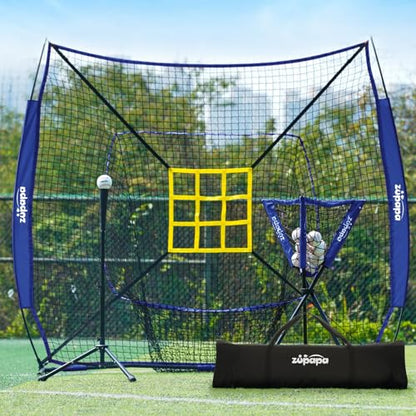 Zupapa Baseball Softball Practice Combo - 7 X 7 Feet Net Tee Caddy 12 Pack Baseballs Set, Upgraded Vivid Strike Zone, Baseball Backstop Practice Net for Hitting Pitching Batting Catching - color: Blue