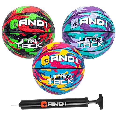 AND1 Mini Basketball Pack Set for Kids (Deflated w/Pump Included): - 7-Inch Premium Youth Size Basketballs, Easy to Grip - color: Neon Camo, size: 3