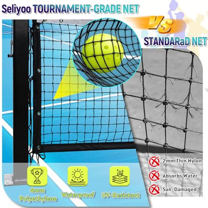 Seliyoo Professional Pickleball Net System for Tournament Courts -22FT Regulation Heavy Duty Carbon Steel Posts with Premium Cast Brass Winder,Handle,Pulley - Indoor/Outdoor Surface Mount - color: Black