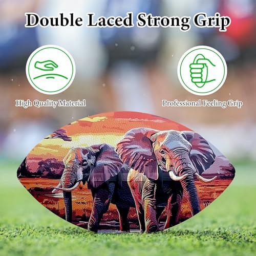 American Football, Official Size 11.9 x 7.3 Inch, Premium Composite Leather High-Grip Ball with Pro-Style Lacing, Unique Prints for Training, Games & Gifts - color: Elephants Sunset