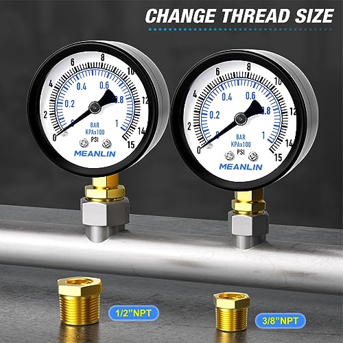 0-15Psi 2" DIAL FACE 1/4" NPT Well Pump Pressure Gauge, with 1/2" NPT and 3/8" NPT Hex Bushing, 3-2-3% Accuracy, Lower Mount - size: 0-15Psi, style: 1/4"NPT Lower Mount