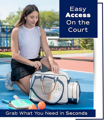 Net & Style Pickleball Bag Women Stylish Tote Large Capacity Paddle Holder Shoe Compartment Elegant Lightweight Design Durable Zipper Pockets Fence Hook White Navy Court Gym Travel Organizer