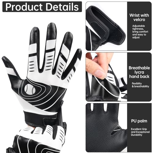 Youth Baseball Batting Gloves,Kids Super Grip Softball/Teeball Gloves for Boys and Girls - color: Black/White, size: Youth XS/S(5.5-6in)