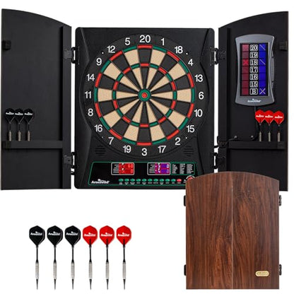 Arachnid CricketMaxx 1.0: 13.5” recreation size with wood cabinet. Features 34 games, 183 variations, 8-player LED X/O scoring, and Heckler mode. Integrated storage for darts and accessories