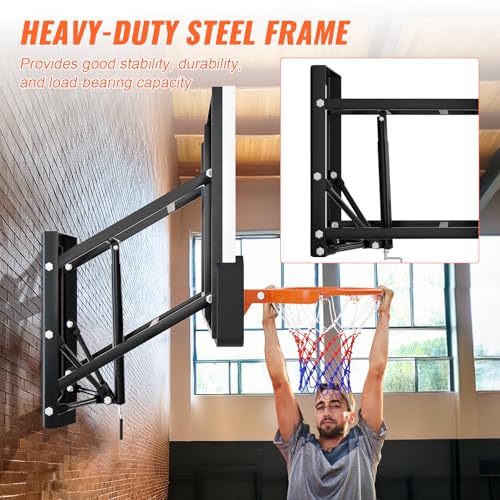 54 Inch Wall Mounted Basketball Backboard, Adjustable-Height Backboard and Rim Combo, Outdoor Wall Mount Basketball Hoop Fit Most Slanting Roofs