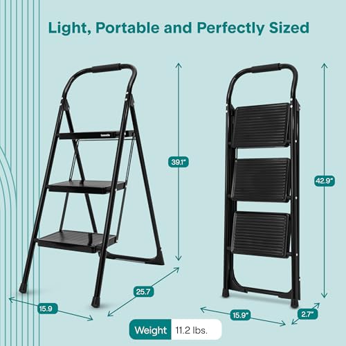 SereneLife 3-Step Ladder, Folding Step Stool for Adults, Wide Anti-Slip Pedal and Handrail, Sturdy Steel Build, 570 lbs Capacity, Portable Step Stool Ladder for Home and Office Use (Black) - size: 3 Step