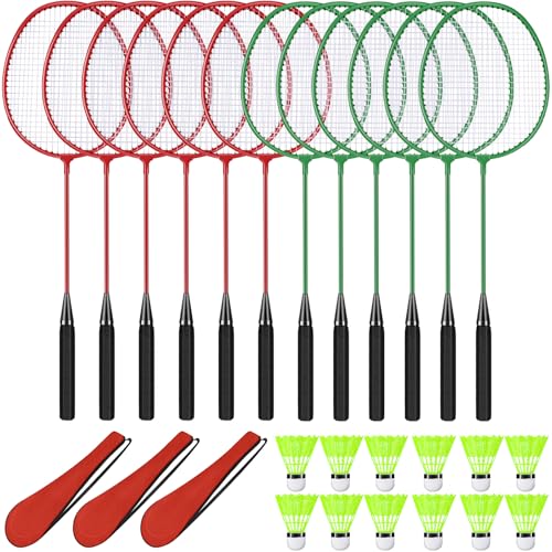12 Pack Badminton Rackets Set Including Badminton Racquets, Nylon Shuttlecocks and Carry Bag for Outdoor Backyard Games Beginners - color: Green, Red