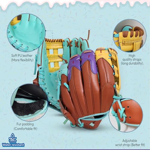 Ice Cream Baseball Glove - Safe, Lightweight Youth Baseball Glove - Adjustable Wrist Baseball Gloves Youth 8-12 - H Web Multi-Positions Boys & Girls Softball Glove - Ice Cream Baseball Gloves