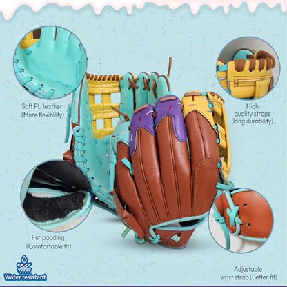 Ice Cream Baseball Glove - Safe, Lightweight Youth Baseball Glove - Adjustable Wrist Baseball Gloves Youth 8-12 - H Web Multi-Positions Boys & Girls Softball Glove - Ice Cream Baseball Gloves