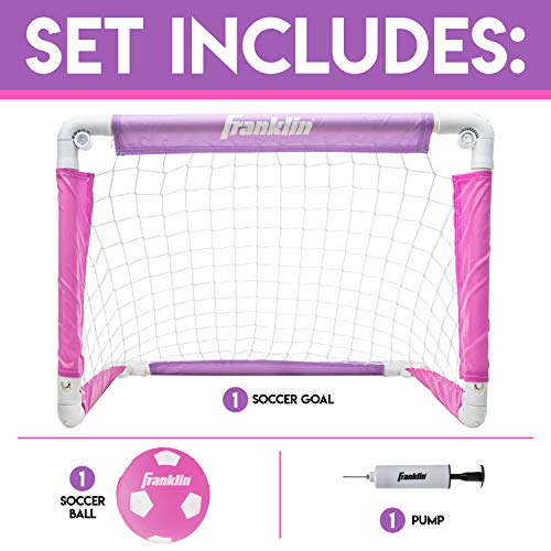 Franklin Sports Kids Soccer Goal with Ball and Pump 24inch x 16inch Folding Goal Great for Backyard or Indoor Play Pink/Purple